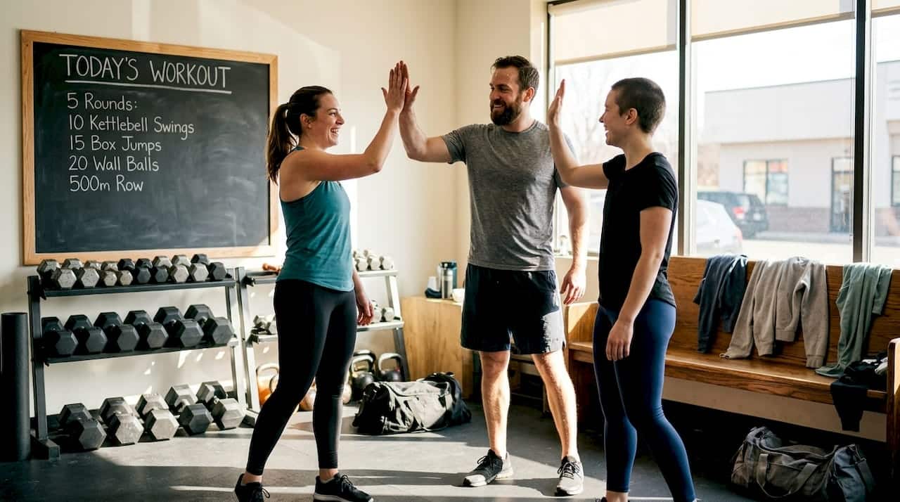 Candid group motivation in fitness studio