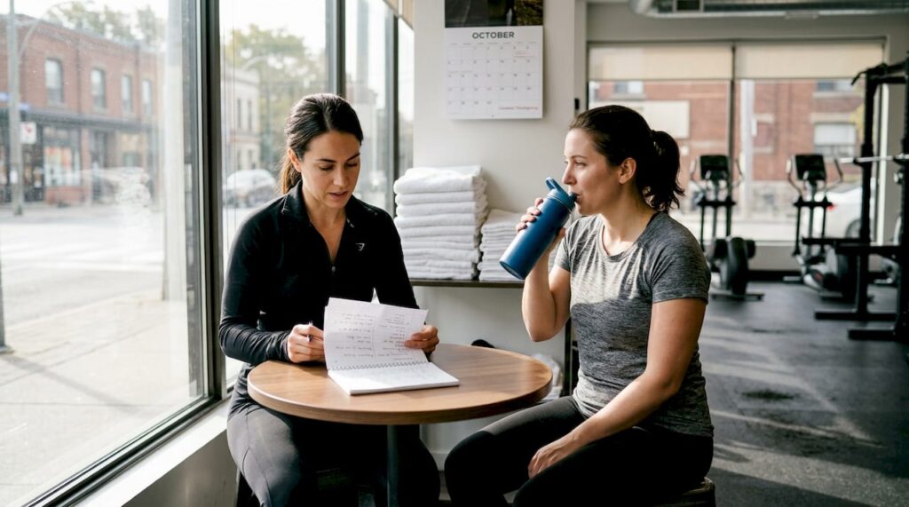 Nutrition coach consulting with client in Toronto gym